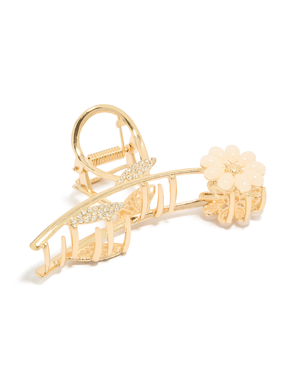 Showcasing a floral resin claw clip with leaf accents featuring diamante embellishments in pink and white on gold side view
