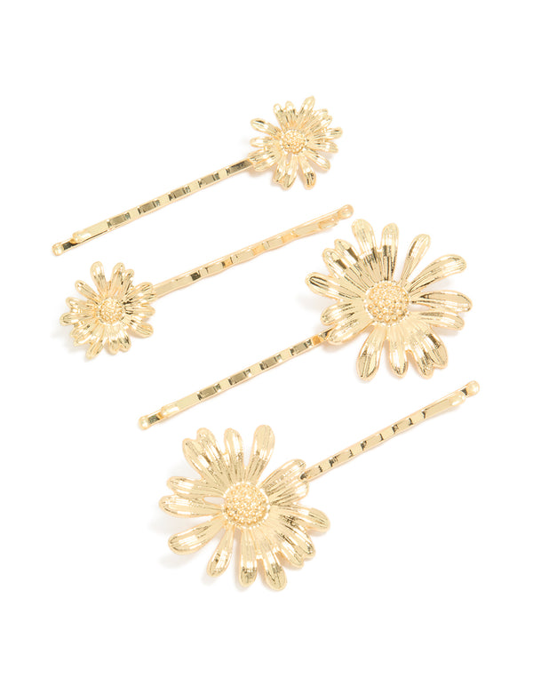 Showcasing gold detailed daisy hair clips in a 4-pack front view