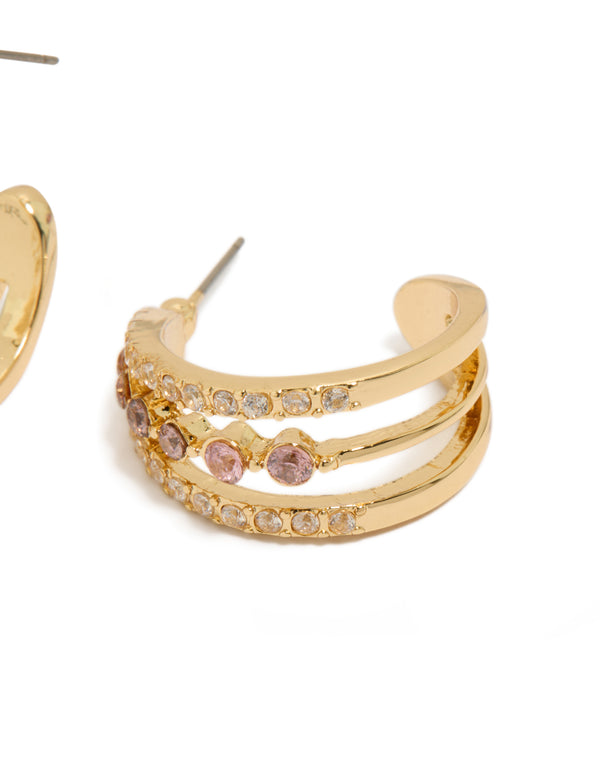 Gold Plated Cubic Zirconia Triple Hoop Medium Earrings