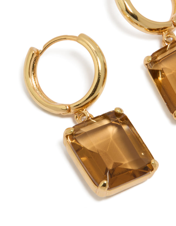 Elegant gold plated large square cognac cubic zirconia drop earrings featuring statement design close up view