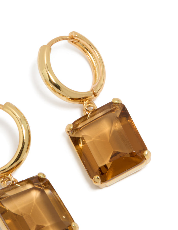 Stunning gold plated large square cognac cubic zirconia drop earrings with statement appeal post detail view