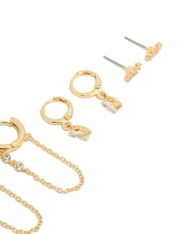 Explore this gold plated cubic zirconia chain and bezel hoop earrings 4-pack showcasing charm crystal details with hoop closures post detail view