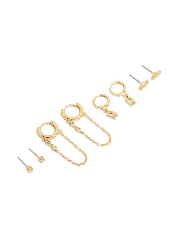 Discover this gold plated cubic zirconia chain and bezel hoop earrings 4-pack featuring crystal accents and hoop closures front view