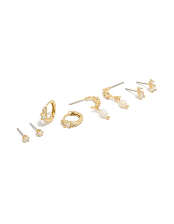 Showcasing gold plated cubic zirconia and freshwater pearl drop hoop earrings 4-pack with hoop closure in white ivory front view