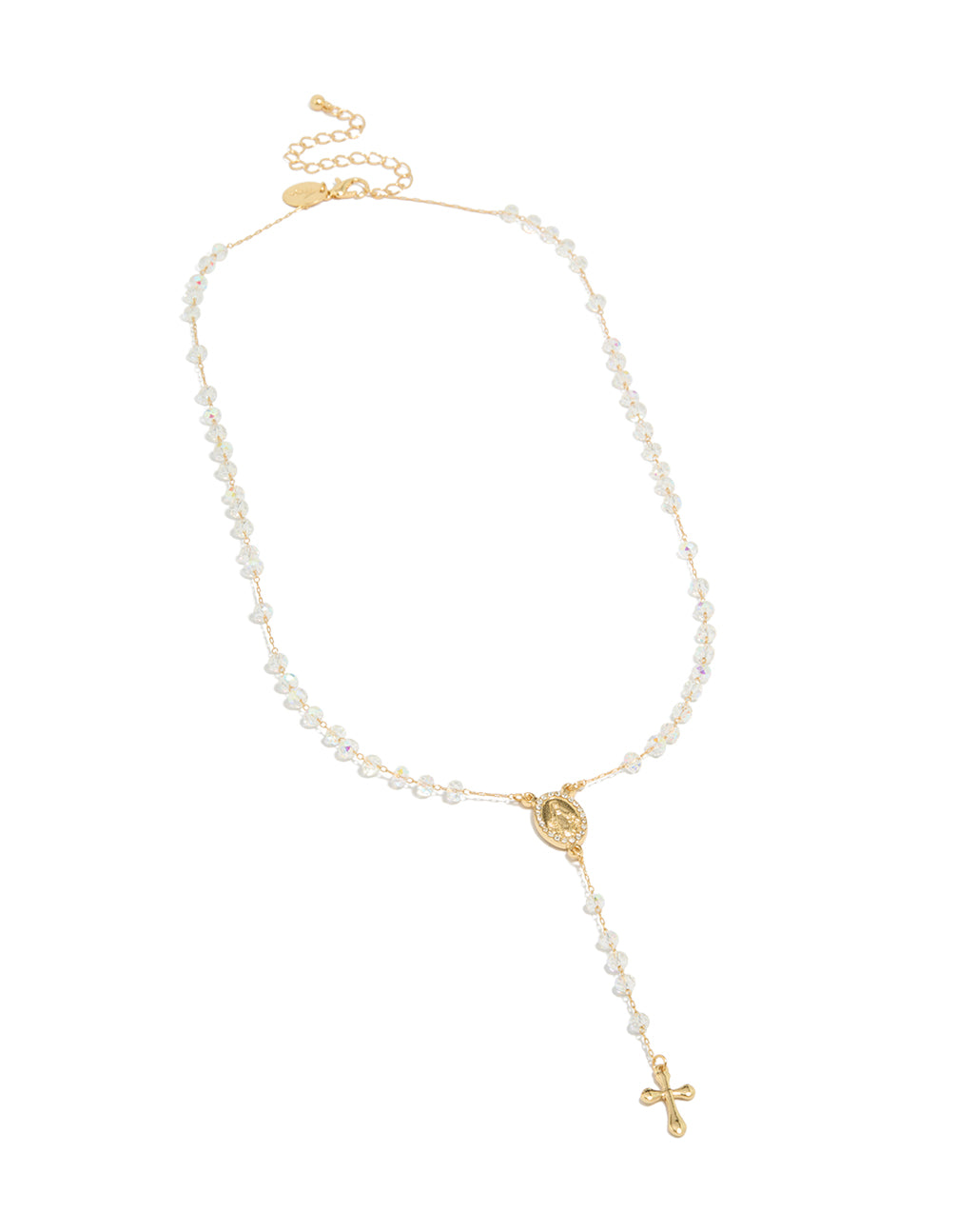 Featuring a beaded rosary necklace with cross accents, crafted from diamante in gold plated material front view