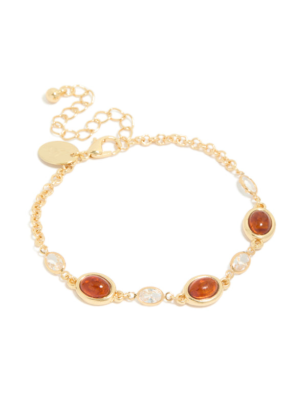 Gold Plated Cognac Bead & Clear Cubic Zirconia Tennis Bracelet