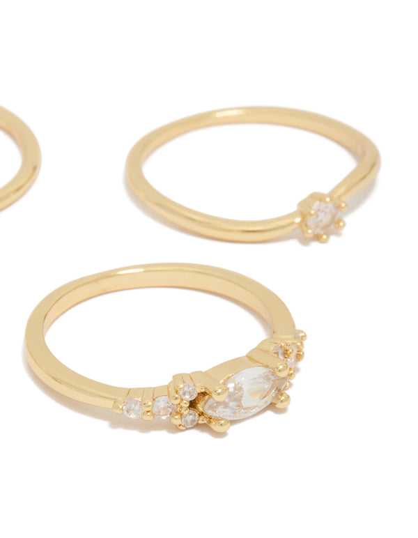 Featuring gold plated cubic zirconia wavy bezel set rings 4-pack close up view