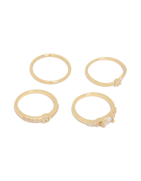 Showcasing a gold plated cubic zirconia wavy bezel set rings 4-pack front view