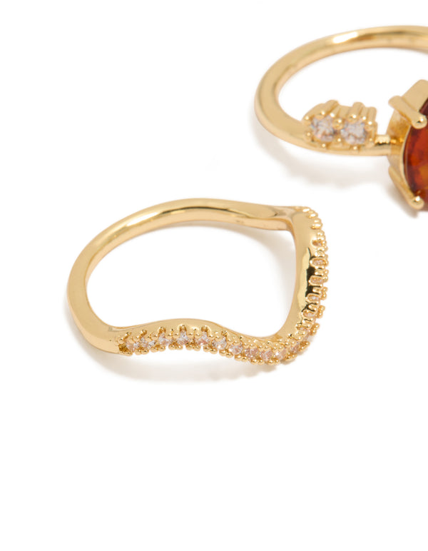 Gold Plated Red Cubic Zirconia Teardrop & Wavy Rings 3-Pack