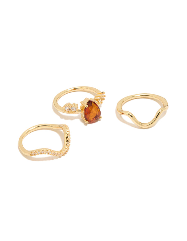 Gold Plated Red Cubic Zirconia Teardrop & Wavy Rings 3-Pack