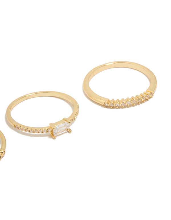 Crafted from gold plated cubic zirconia square bezel and fine band rings 4-pack with stackable statement design close up view