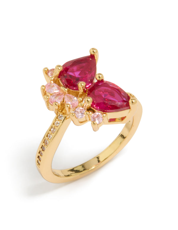 Gold Plated Double Red Cubic Zirconia Ring