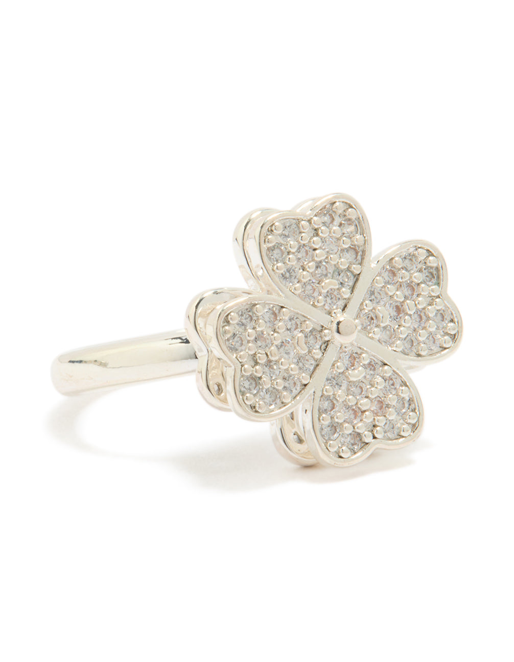 Showcasing a waterproof stainless steel spinning clover ring featuring floral design with cubic zirconia in silver and clear front view