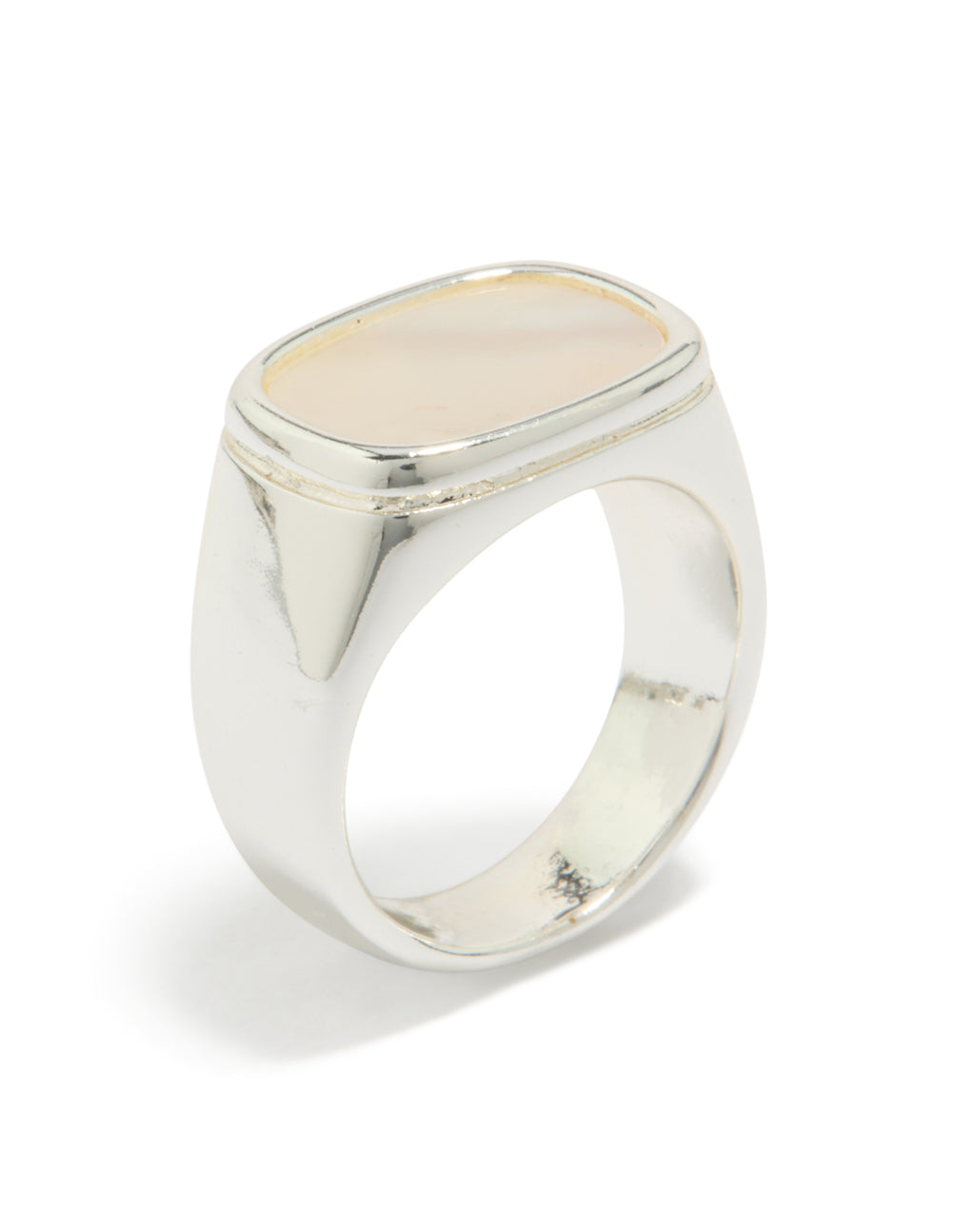 A waterproof stainless steel square shell signet ring in silver and clear tones, designed as a statement piece side detail view