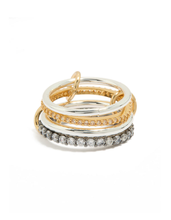 Showcasing a mixed metal plated cubic zirconia interlinked stacked ring featuring charm details in gold and silver with crystal embellishments front view