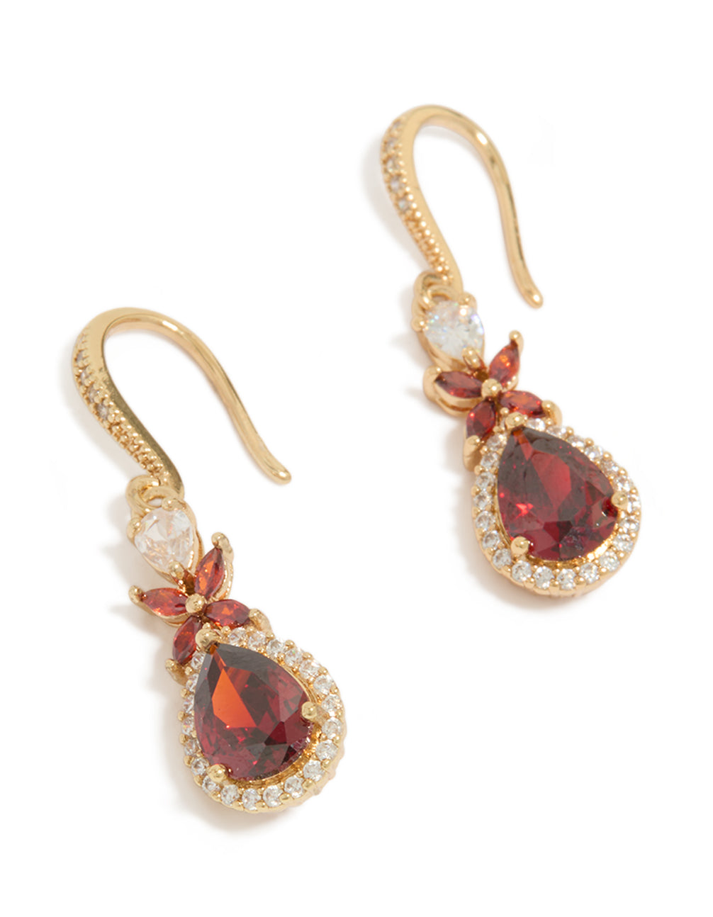 Showcasing statement drop earrings crafted from cubic zirconia with dark red teardrop stones surrounded by clear crystals in a gold setting, front view