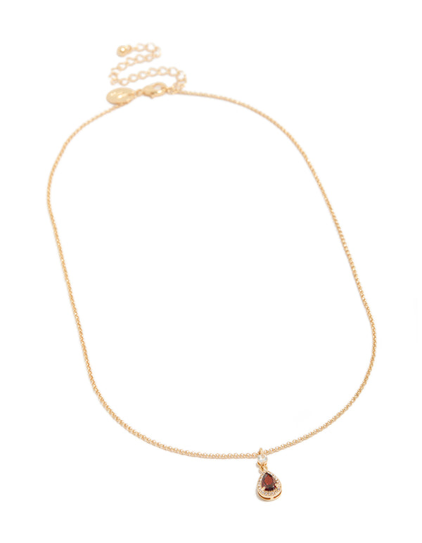 Beautifully crafted gold red pear cubic zirconia pendant necklace with statement design front view