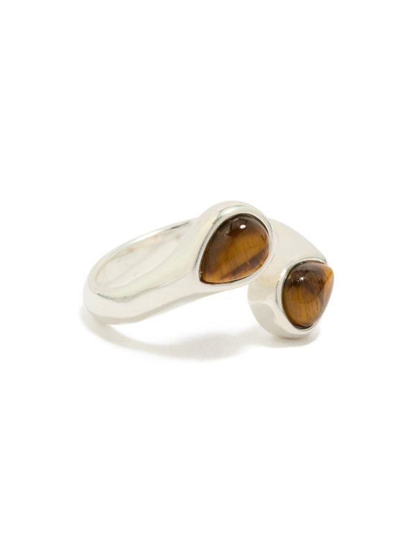 Featuring a waterproof stainless steel ring with double tigers eye stones in silver tones front view