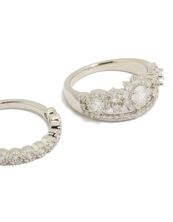 Crafted from silver cubic zirconia band and floral stacking rings 2-pack with crystal detailing close up view