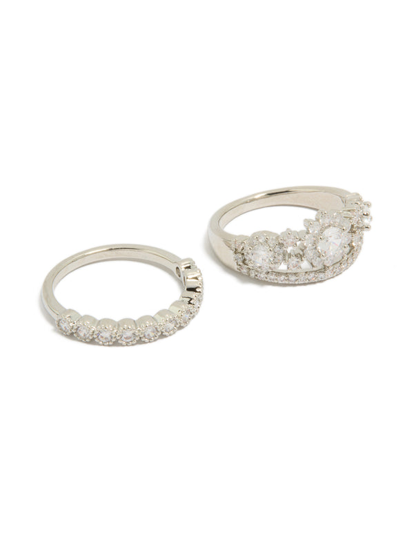 Showcasing a silver cubic zirconia band and floral stacking rings 2-pack featuring crystal embellishments front view