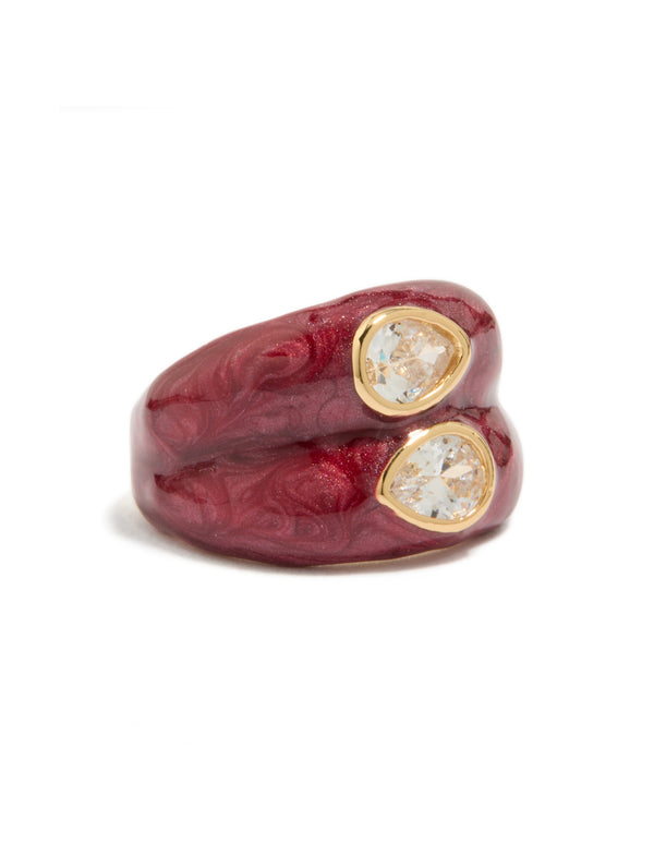 Presenting a gold plated red enamel double cubic zirconia ring in maroon and clear front view