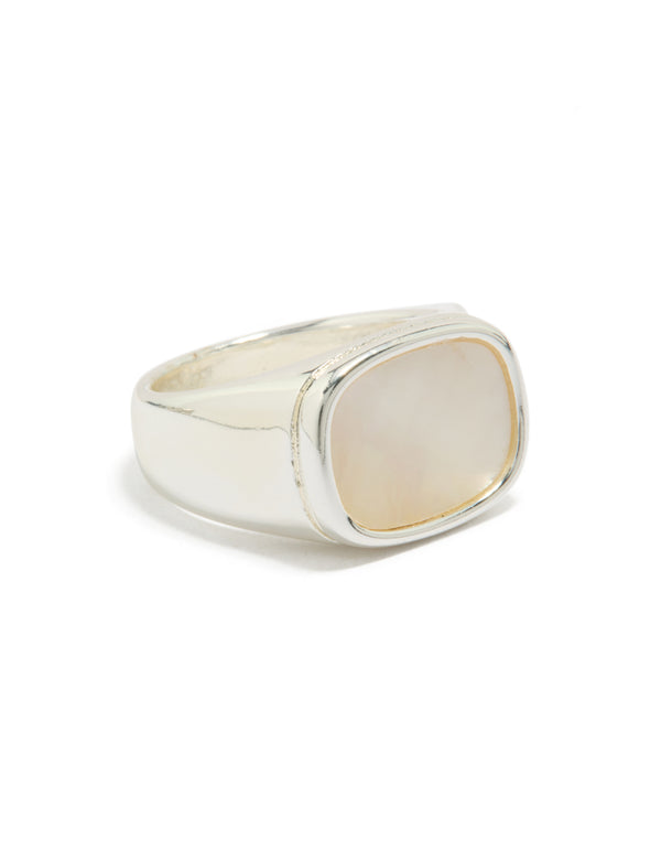 Showcasing a waterproof stainless steel square signet ring featuring shell in silver and clear statement front view