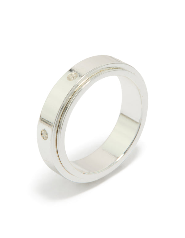 This waterproof cubic zirconia stainless steel spinner ring in silver with clear accents side detail view