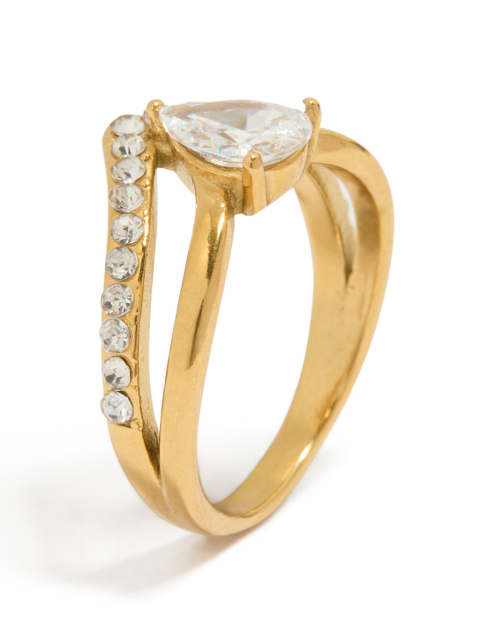 Beautifully crafted waterproof gold plated stainless steel ring with pear cut cubic zirconia in a statement layered design side detail view