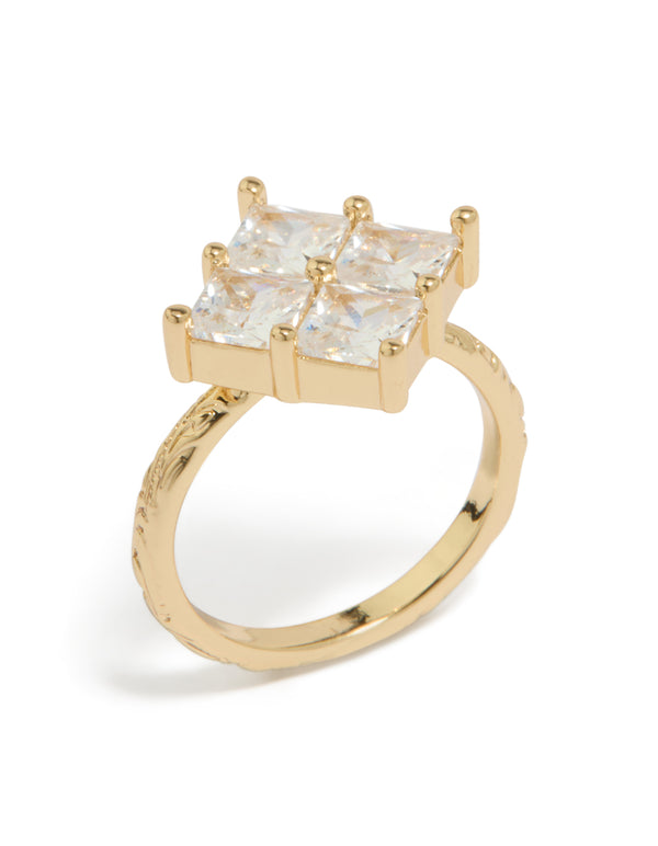 Gold Plated Cubic Zirconia Textured Square Ring