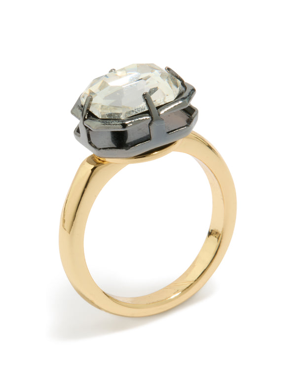 Designed with gold plated cubic zirconia mixed metal statement ring featuring crystal and silver design close up view