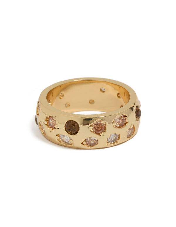 Featuring a gold plated multicoloured cubic zirconia chunky band ring front view