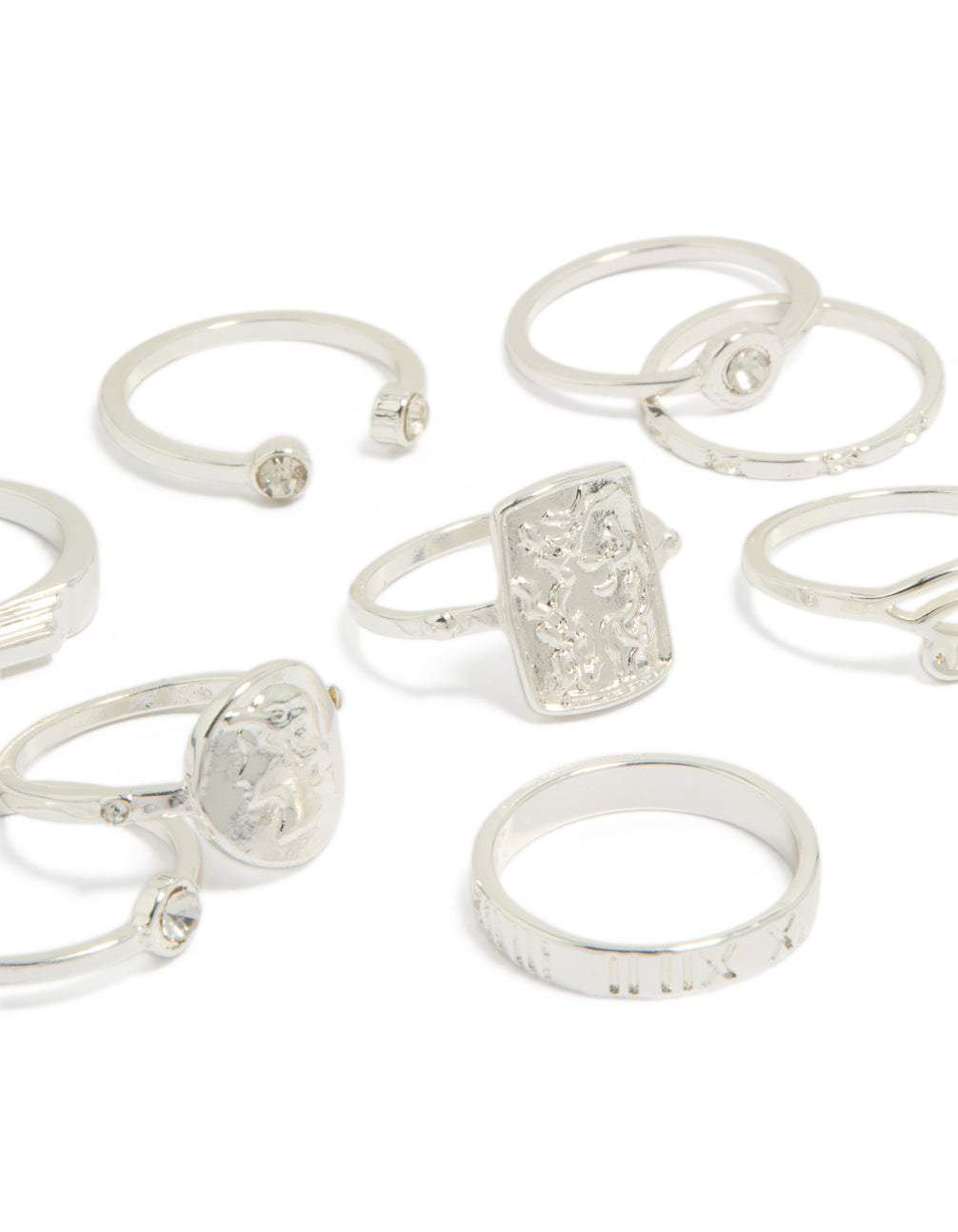 Crafted with statement styling, this roman numeral and diamante ring 9-pack in silver close up view