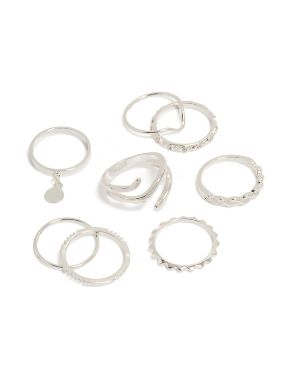 Discover a silver mixed swirl stacking rings 8-pack featuring charm and disc elements front view