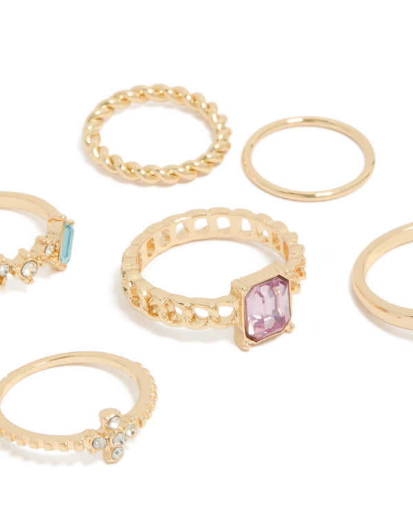 Gold Mixed Diamante & Twisted Rings 6-Pack