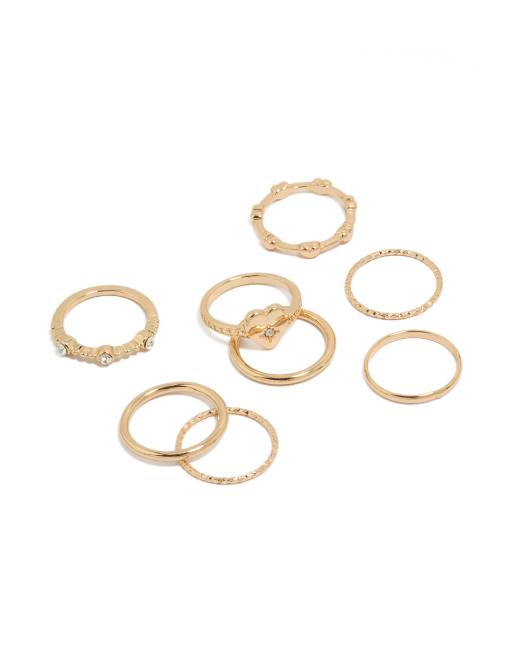 Showcasing gold diamante heart band rings in an 8-pack front view