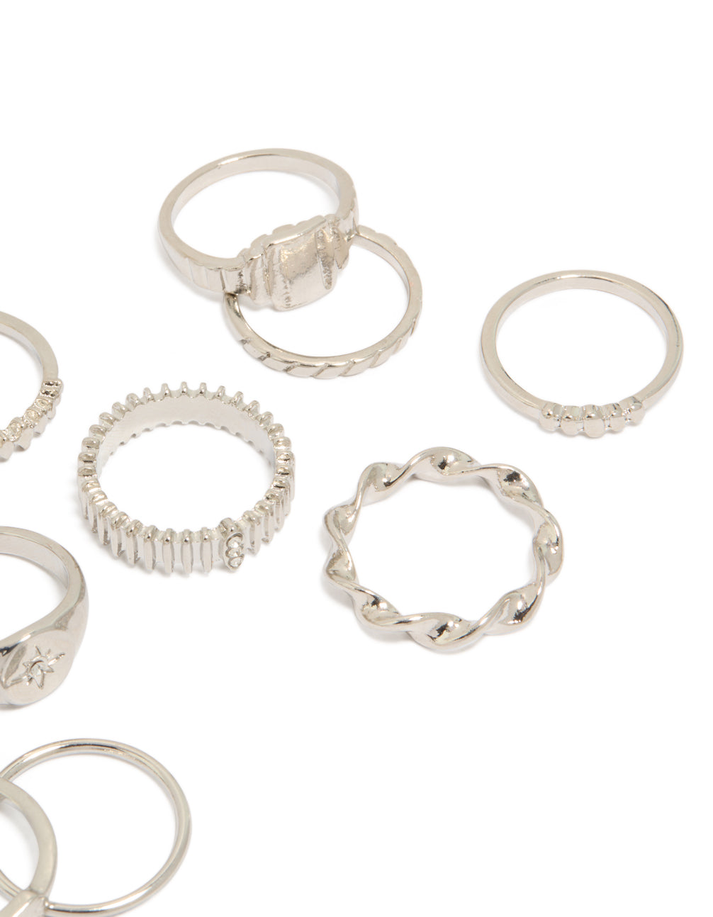 Explore this silver signet and ribbed rings 10-pack with celestial star detailing in dainty statement styling side detail view