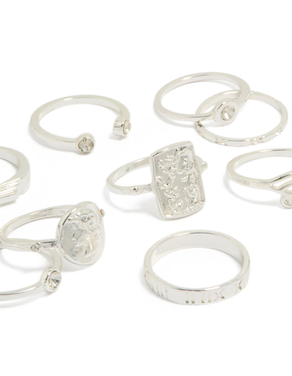 Showcasing numbers and diamante embellishments in a statement silver ring 9-pack close up view