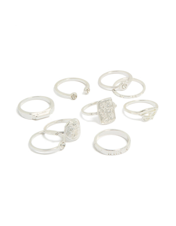 Featuring numbers and diamante details in a statement silver ring 9-pack front view
