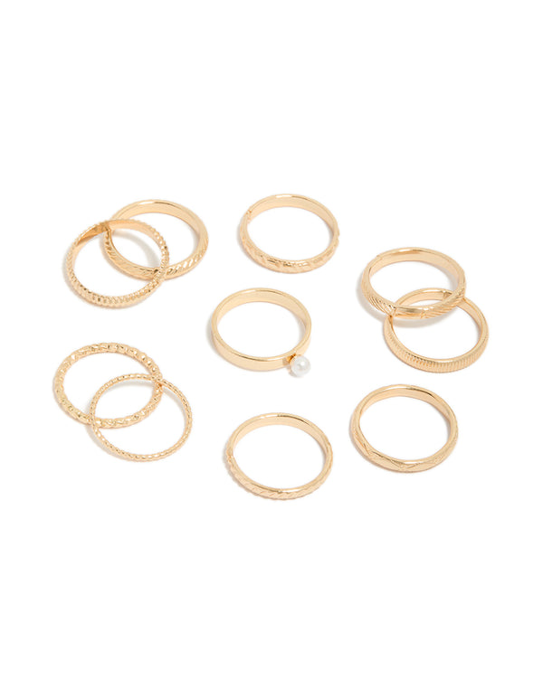 Gold Textured & Pearl Rings 10-Pack