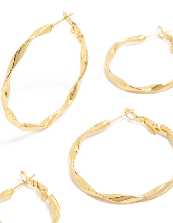 Featuring waterproof twisted hoop earrings in gold plated stainless steel 3-pack close up view