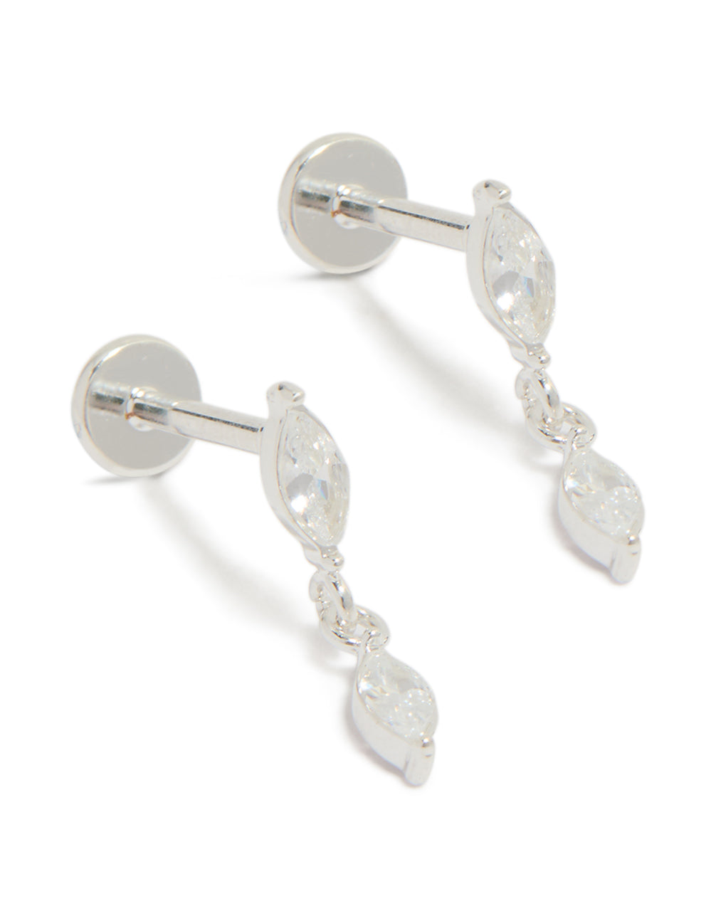 Showcasing waterproof stainless steel marquise cubic zirconia drop flat back studs with crystal detailing in silver and clear post detail view
