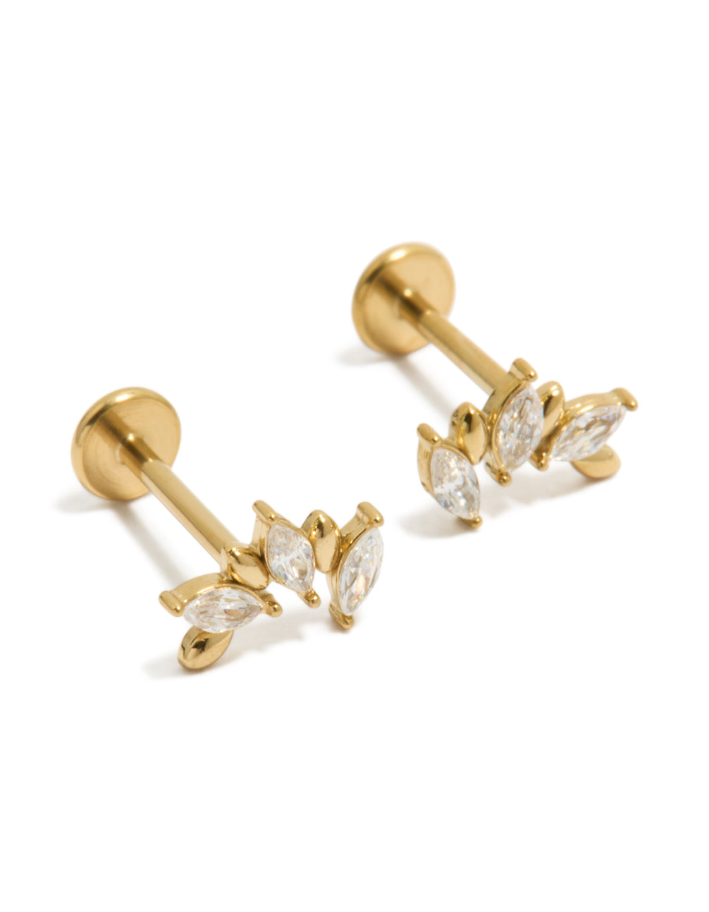 Showcasing waterproof gold plated stainless steel cubic zirconia mismatched flat back stud earrings with dainty style and crystal design in front view