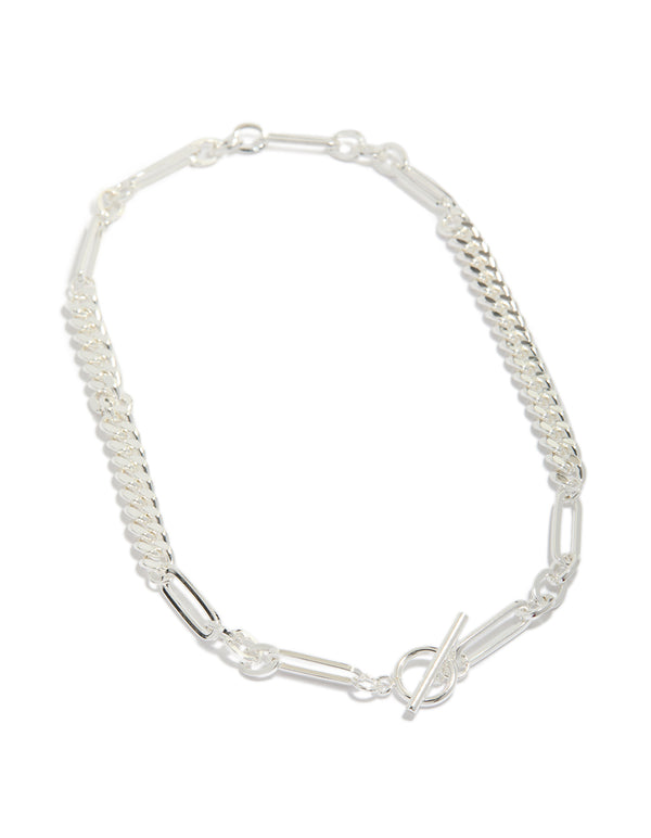 Elegant waterproof stainless steel long curb chain toggle necklace in silver plated material featuring dainty style front view