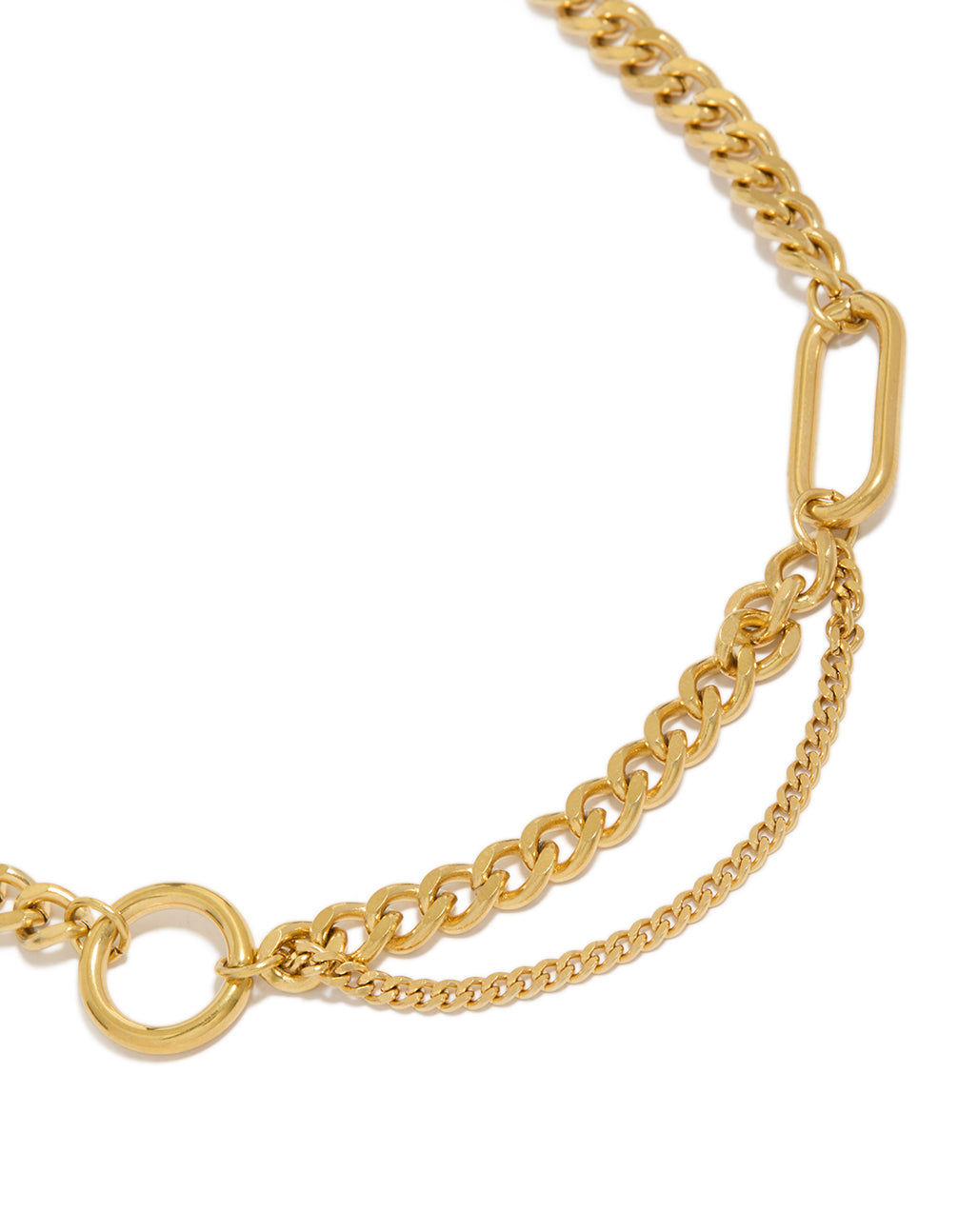 Elevate your look with this waterproof gold plated stainless steel mixed shape T and O necklace featuring statement style close up view