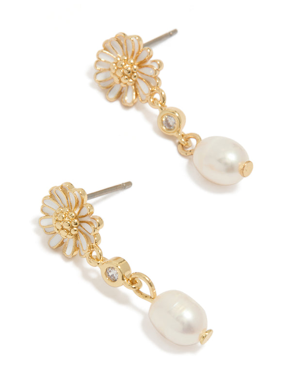 Gold Plated White Enamel Daisy & Freshwater Pearl Drop Earrings
