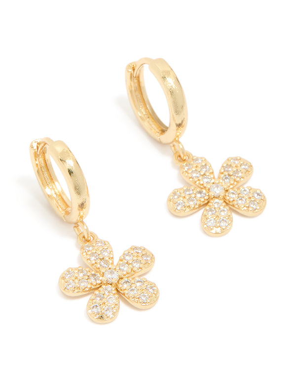 Beautifully crafted dainty floral huggie earrings with gold plated finish and cubic zirconia embellishments front view