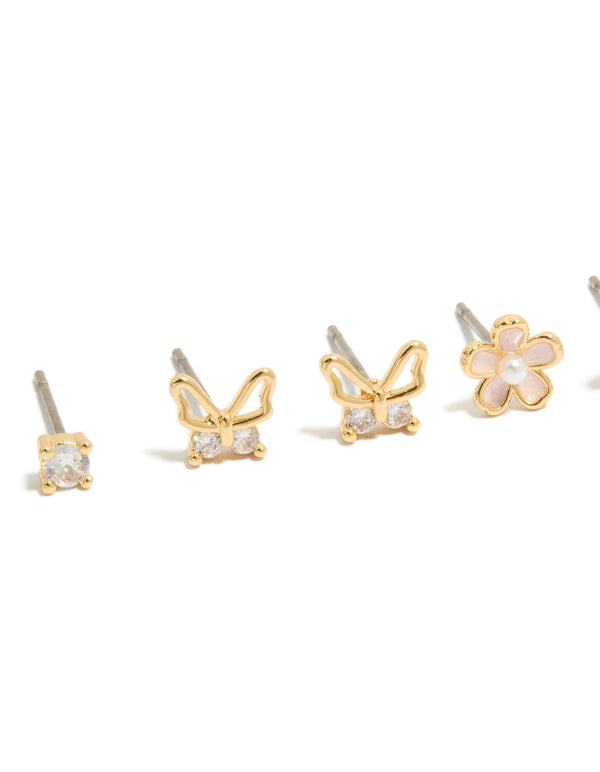 Gold Plated Cubic Zirconia Enamel Butterfly & Flower Earrings 3-Pack
