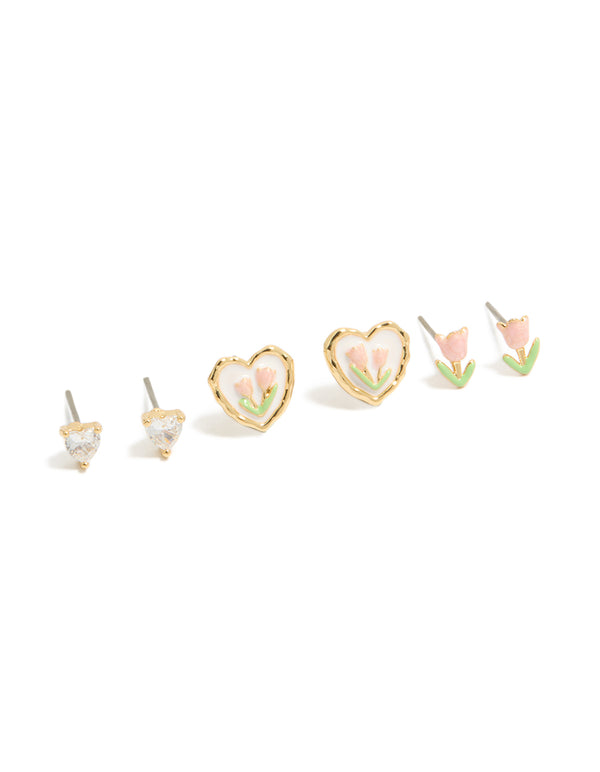 Showcasing a 3-pack of stud earrings featuring floral with heart accents crafted from enamel and cubic zirconia in gold plated finish with pink, light green, and white details front view