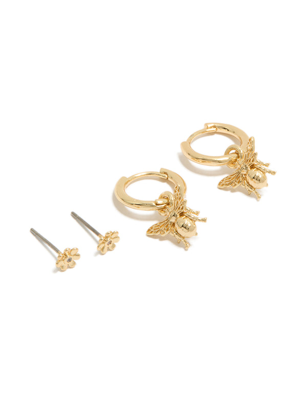 Discover this gold plated micro flower studs and bumblebee huggie earrings 2-pack huggie closures front view