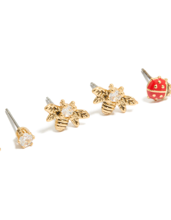Gold Plated Cubic Zirconia Bee & Ladybug Stud Earrings 3-Pack